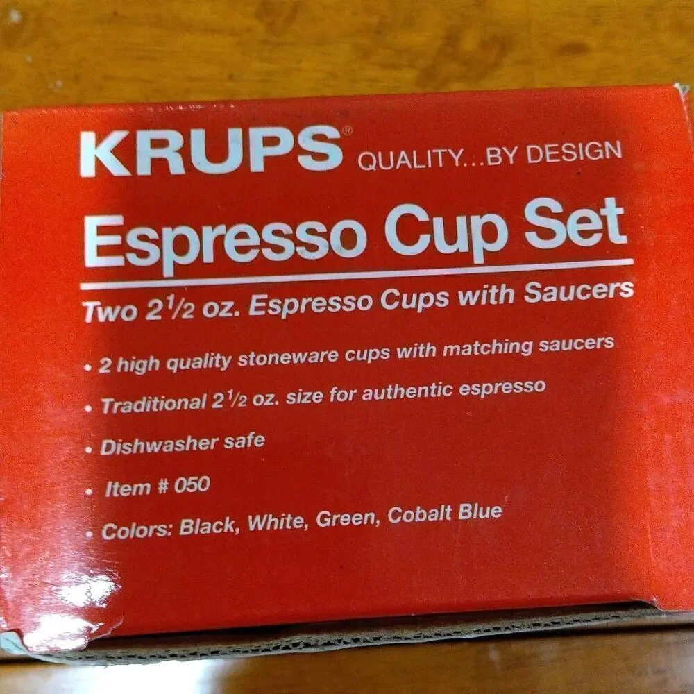 2 Krups Espresso Cup Sets, 4 2 1/2 Espresso Cups with Saucers, White Stoneware.